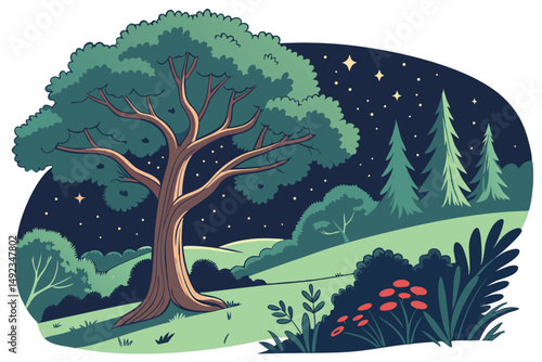 123 outdoor night scene, large tree with lush green foliage, nighttime forest with stars in the sky, detailed landscape, vivid colors, digital art