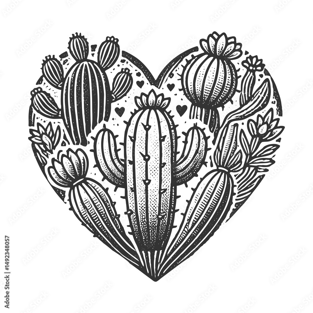 Fototapeta premium cacti arranged in a heart shape, featuring intricate textures, spines, and desert plant designs sketch engraving generative ai raster illustration. Scratch board imitation. Black and white image.