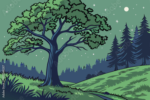 123 outdoor night scene, large tree with lush green foliage, nighttime forest with stars in the sky, detailed landscape, vivid colors, digital art
