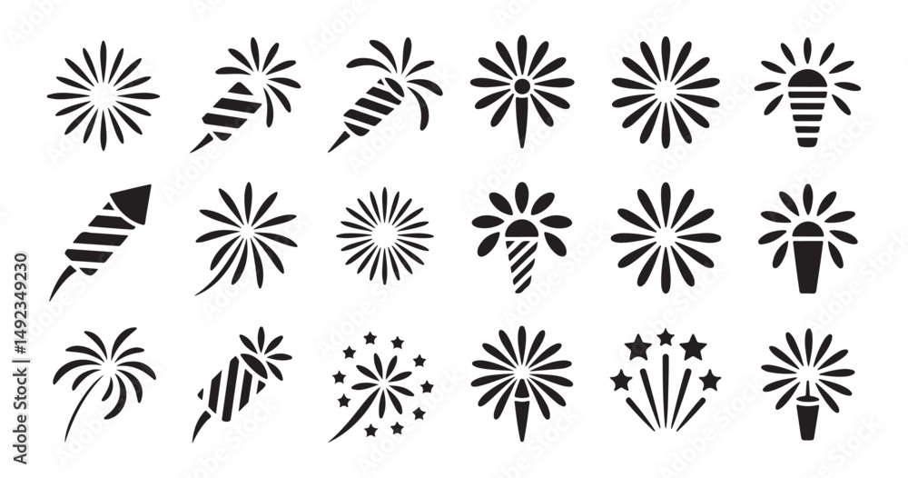 Black Vector Pyrotechnic Icon Pack for July 4th Celebration Designs Black Vector Pyrotechnic Icon Pack for July 4th Celebration Designs