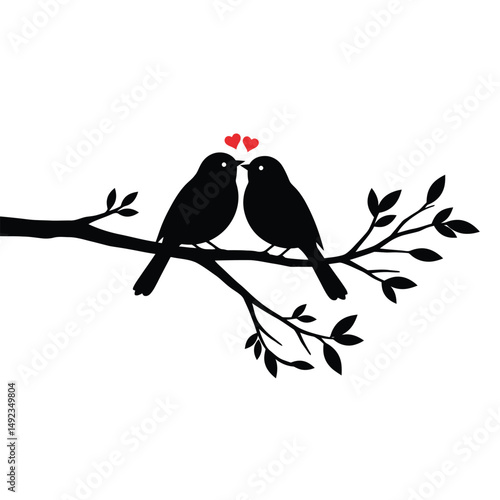 Birds Couple Silhouette on Branch Vector, Birds in love Silhouette, Wall Decals, Couple of Birds in Love, Art Decoration, Wall Decor, Birds Silhouette on branch isolated on white background, romantic