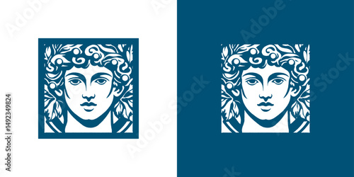 Classic greek youth face logo with grapevine wreath. Elegant design for mediterranean restaurant branding.