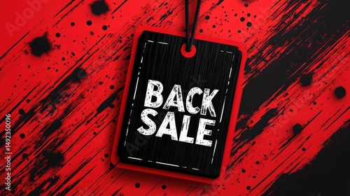 Prominent sale tag featuring bold typography on vivid red and black background for retail promotions