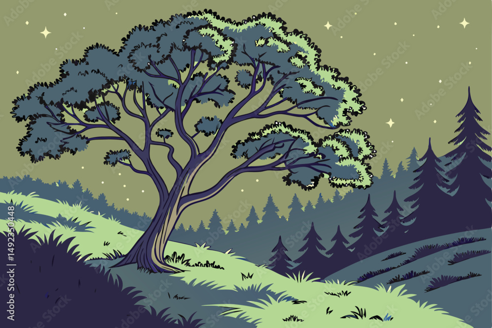 Obraz premium 124 outdoor night scene, large tree with lush green foliage, nighttime forest with stars in the sky, detailed landscape, vivid colors, digital art