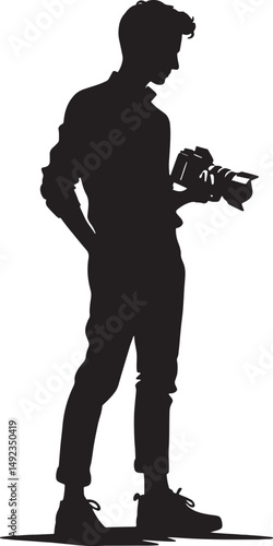 Silhouette of a man holding a camera looking down in a white background image art