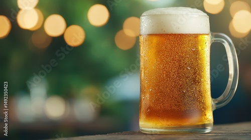 Refreshing Cold Beer in Glass Mug with Foam and Bokeh Background in Cozy Outdoor Setting
