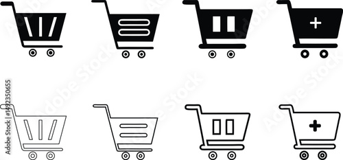 Black Vector Shopping Cart Symbol, Modern Cart Illustration, flat and outline design