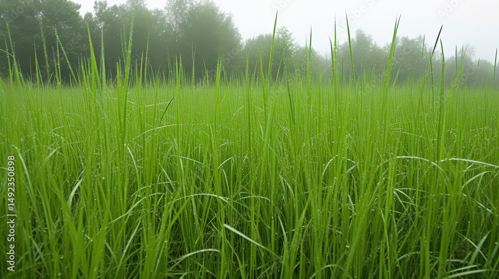 Fototapeta premium Lush green rice field with dewy grass in foggy environment