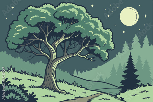 124 outdoor night scene, large tree with lush green foliage, nighttime forest with stars in the sky, detailed landscape, vivid colors, digital art