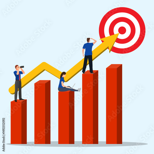 Businesspeople on bar chart with upward arrow to target. Symbolizing teamwork and leadership. Growth or steps to achieve goal. Career development concept.