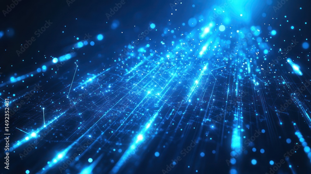 Fototapeta premium Blue digital particles streaming, dark background, technology, website banner