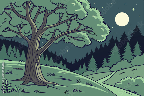 124 outdoor night scene, large tree with lush green foliage, nighttime forest with stars in the sky, detailed landscape, vivid colors, digital art