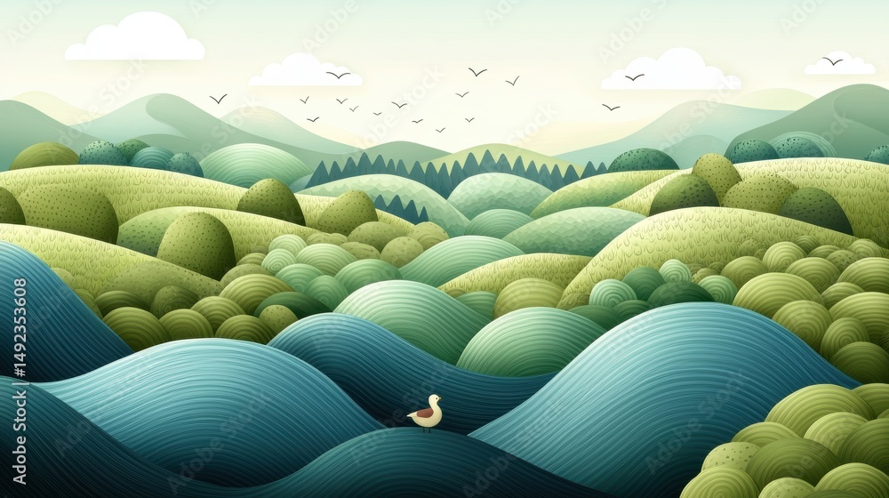 Obraz premium A serene landscape with rolling hills, trees, and a bird in flight.