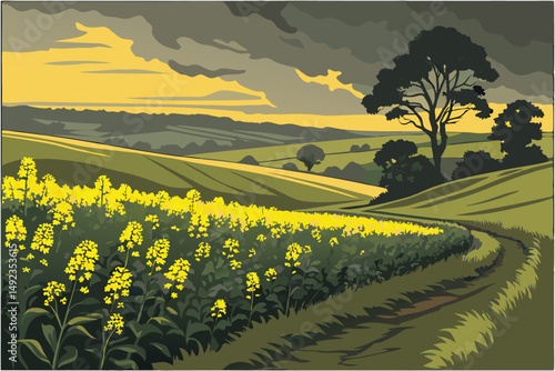 125 dramatic sunset field, vibrant yellow rapeseed flowers, lush green foliage, moody cloudy sky, peaceful rural landscape, atmospheric lighting, scenic countryside, detailed environment, hyperrealist