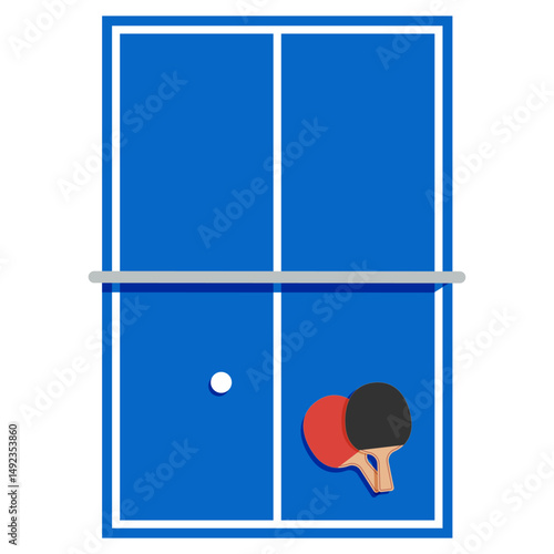 Table tennis paddles and ball on ping pong table top view. Red and Black rackets and ball. Flat graphic style. Vector concept of table tennis sport