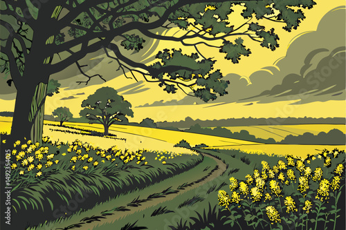 125 dramatic sunset field, vibrant yellow rapeseed flowers, lush green foliage, moody cloudy sky, peaceful rural landscape, atmospheric lighting, scenic countryside, detailed environment, hyperrealist