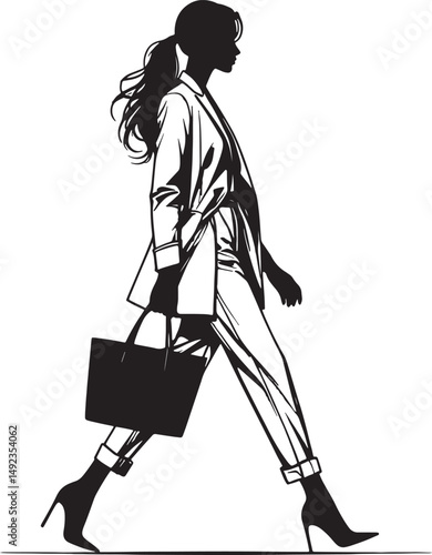 Silhouette of woman walking in blazer and trousers holding a tote bag in black and white