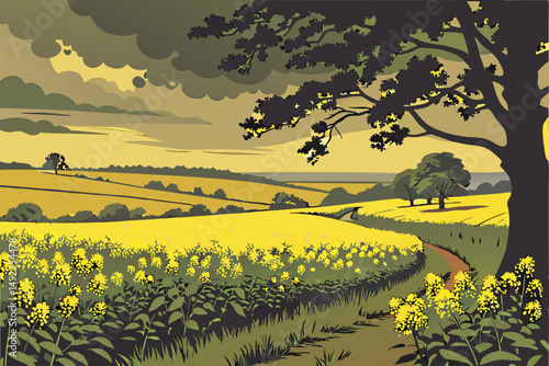125 dramatic sunset field, vibrant yellow rapeseed flowers, lush green foliage, moody cloudy sky, peaceful rural landscape, atmospheric lighting, scenic countryside, detailed environment, hyperrealist