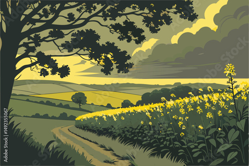 125 dramatic sunset field, vibrant yellow rapeseed flowers, lush green foliage, moody cloudy sky, peaceful rural landscape, atmospheric lighting, scenic countryside, detailed environment, hyperrealist