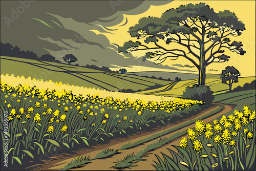 125 dramatic sunset field, vibrant yellow rapeseed flowers, lush green foliage, moody cloudy sky, peaceful rural landscape, atmospheric lighting, scenic countryside, detailed environment, hyperrealist