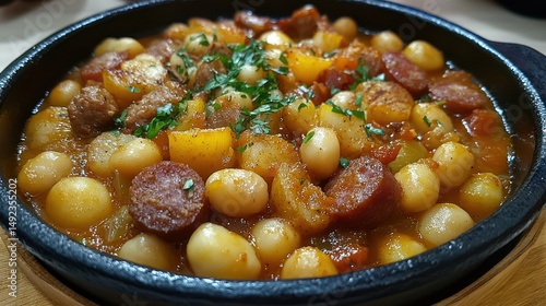 Savory stew, potatoes, beans, sausage, restaurant, close-up, food photography, menu