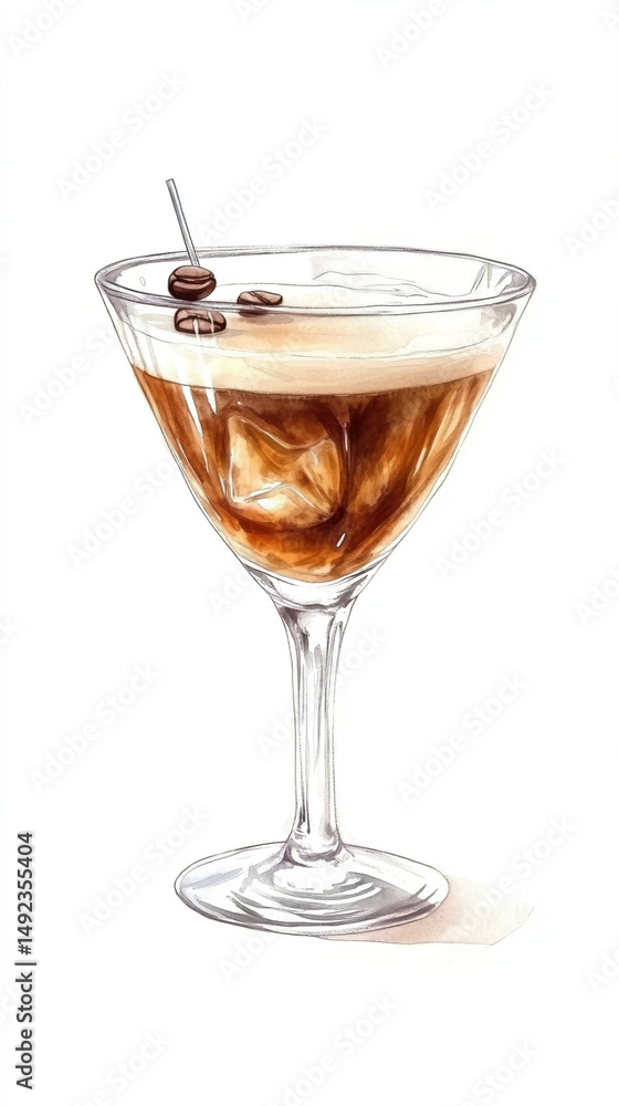 Martini Espresso alcoholic cocktail watercolor PNG isolated painting. Art deco layered coffee drink in beautiful glass. Design for menu of a bar, restaurant, café or party invitation. Martini Espresso alcoholic cocktail watercolor PNG isolated painting. Art deco layered coffee drink in beautiful glass. Design for menu of a bar, restaurant, café or party invitation.