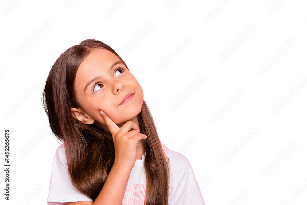 Fototapeta premium Closeup photo of small lady brown hair minded deep thinking curious interested wear overall t-shirt isolated pink background