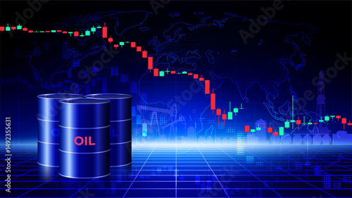 Chart of falling oil prices per barrel. Crude oil barrels on dark background. Analysis fall of global energy markets. Influence of economic insiders. World market review. Investment strategies. Vector