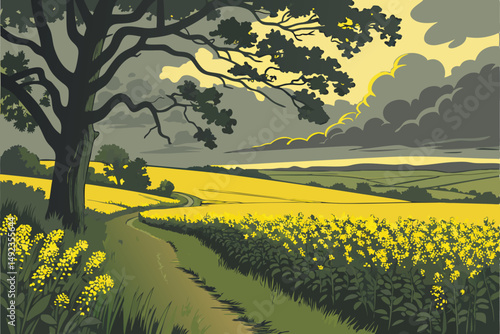 125 dramatic sunset field, vibrant yellow rapeseed flowers, lush green foliage, moody cloudy sky, peaceful rural landscape, atmospheric lighting, scenic countryside, detailed environment, hyperrealist