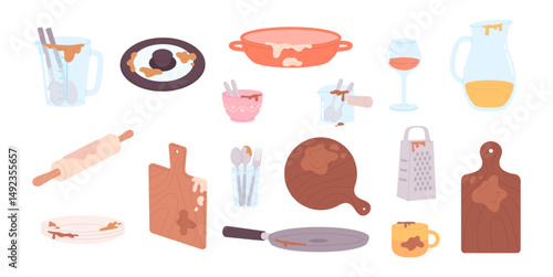 Dirty kitchen utensils and crockery. Messy plates pan pot and glass jug, wine glass and coffee cup. Isolated bowl, wooden cutting board, vector clipart