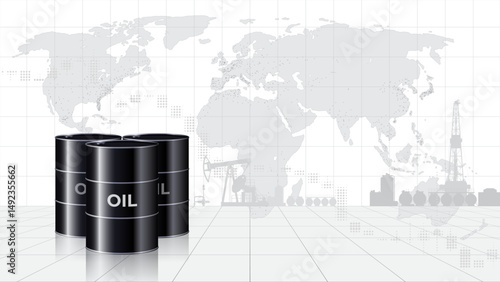 Chart of falling oil prices per barrel. Crude oil barrels on map background. Analysis fall of global energy markets. Influence of economic insiders. World market review. Investment strategies. Vector