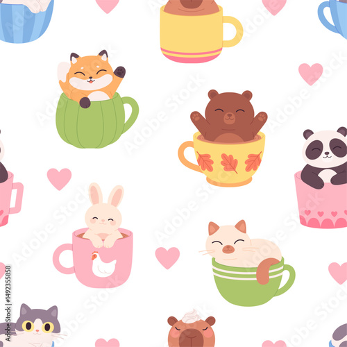 Funny animals in cups seamless pattern. Capybara bear bunny fox and cat smiling from cute mugs. Print design for fabric or wallpaper, vector background