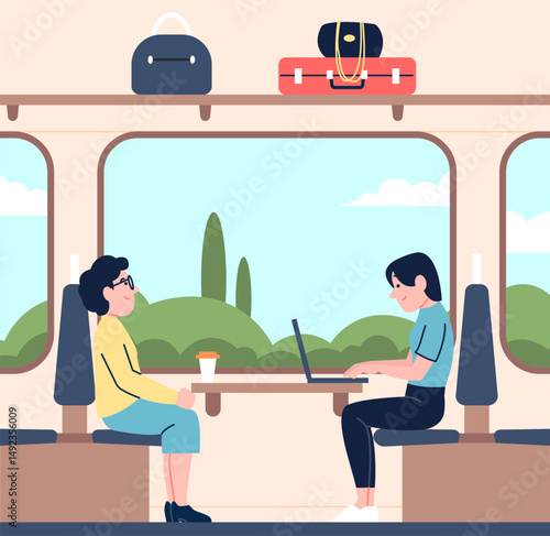 Passengers in train. Women travel inside carriage, girl working on laptop and woman drink coffee and looks out in window. Public transport, tourism, vector scene