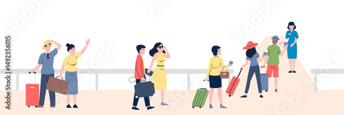 People with luggage go to passport and documents tickets control. Enter on ship, train or bus. Check in on cruise, waiting line tourists, vector element