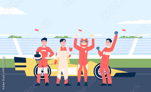 Racing team at stadium with racing car in background. Happy racing driver in uniform and helmet, winners of race. Professional athletes, vector scene