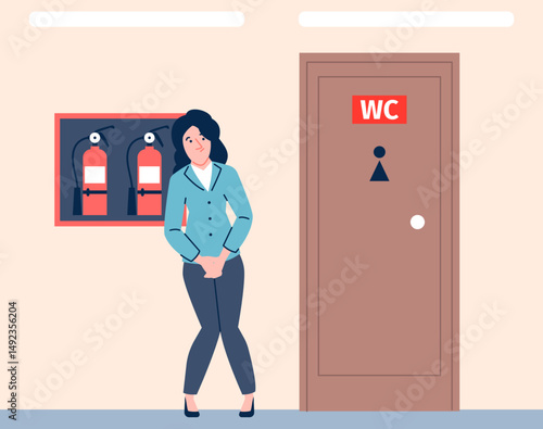Woman wants to go to toilet and waits in front of closed door. Occupied public toilet in mall, office center, airport or bus station, vector concept