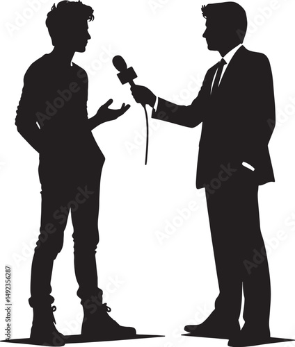Silhouette of man in suit holding microphone interviewing another man in casual attire