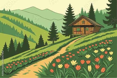 126 vibrant lush green landscape, terraced flower garden, colorful tulips, pine trees, wooden cabin, rolling hills, scenic outdoor environment, idyllic natural setting