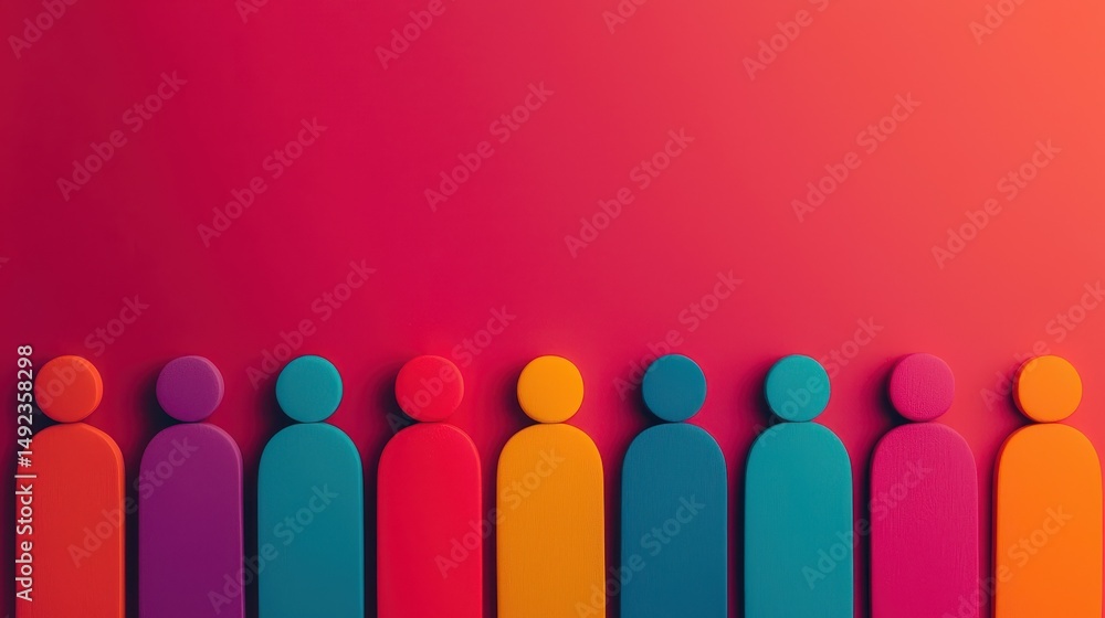Colorful silhouettes of people represented in a row against a vibrant red-orange background for creativity and diversity Colorful silhouettes of people represented in a row against a vibrant red-orange background for creativity and diversity