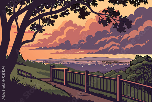 127 dramatic sunset, scenic overlook, lush green foliage, cityscape in the distance, dramatic sky with clouds, wooden railing, inviting grassy area