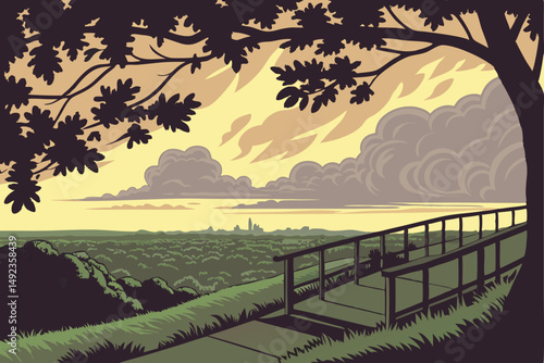 127 dramatic sunset, scenic overlook, lush green foliage, cityscape in the distance, dramatic sky with clouds, wooden railing, inviting grassy area