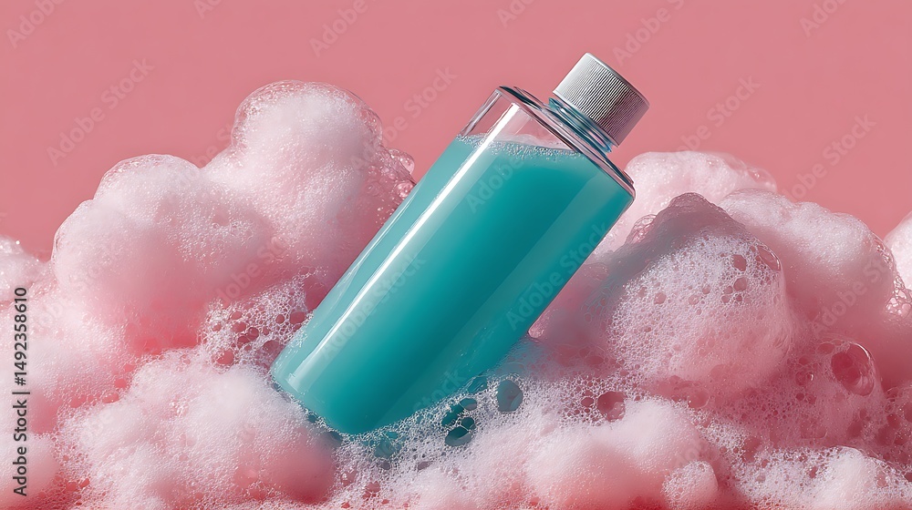 Fototapeta premium Teal Gel Cleanser Bottle with Pink Foam on Vibrant Background .