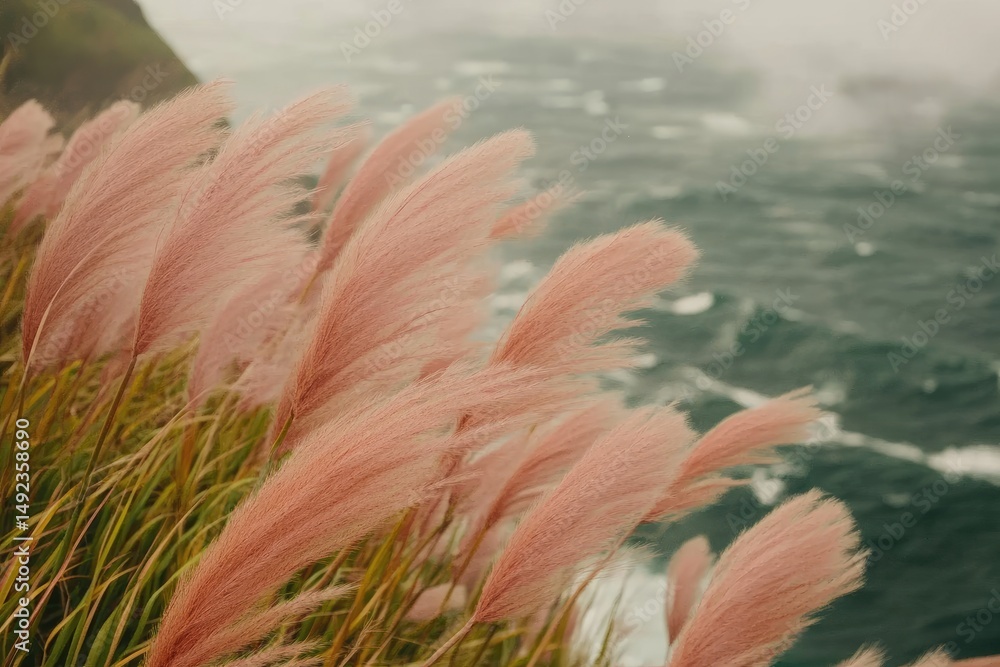 Fototapeta premium Pink grass blows by the ocean