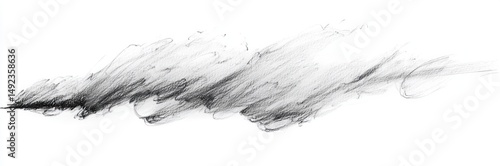 Abstract grayscale charcoal or pencil shading with soft, smudged, overlapping strokes creating a textured cloud-like effect across a white background