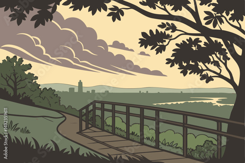 127 dramatic sunset, scenic overlook, lush green foliage, cityscape in the distance, dramatic sky with clouds, wooden railing, inviting grassy area