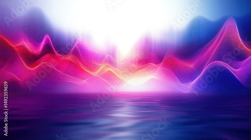 Abstract vibrant glowing waves in pink, purple, and blue tones with a bright light source above serene water reflecting colors and creating a mystical atmosphere