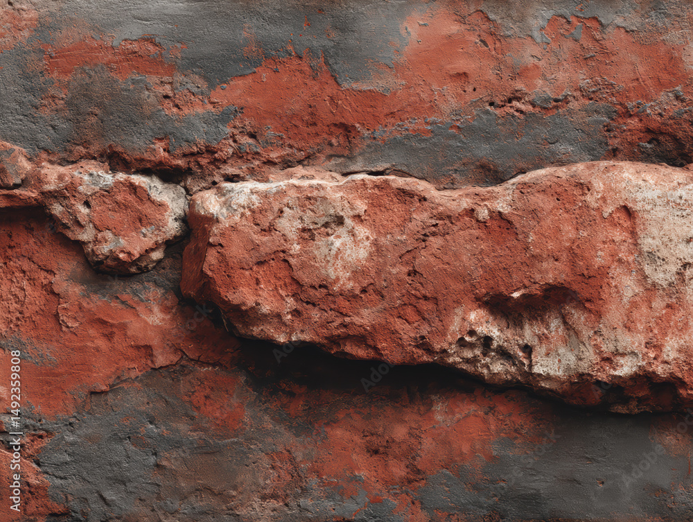 Fototapeta premium Close-up of rough medieval wall texture with red and gray stone