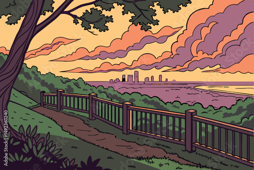 127 dramatic sunset, scenic overlook, lush green foliage, cityscape in the distance, dramatic sky with clouds, wooden railing, inviting grassy area