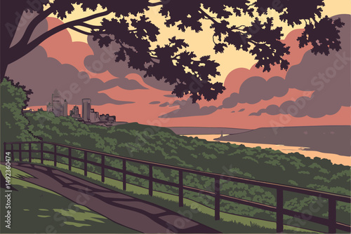 127 dramatic sunset, scenic overlook, lush green foliage, cityscape in the distance, dramatic sky with clouds, wooden railing, inviting grassy area