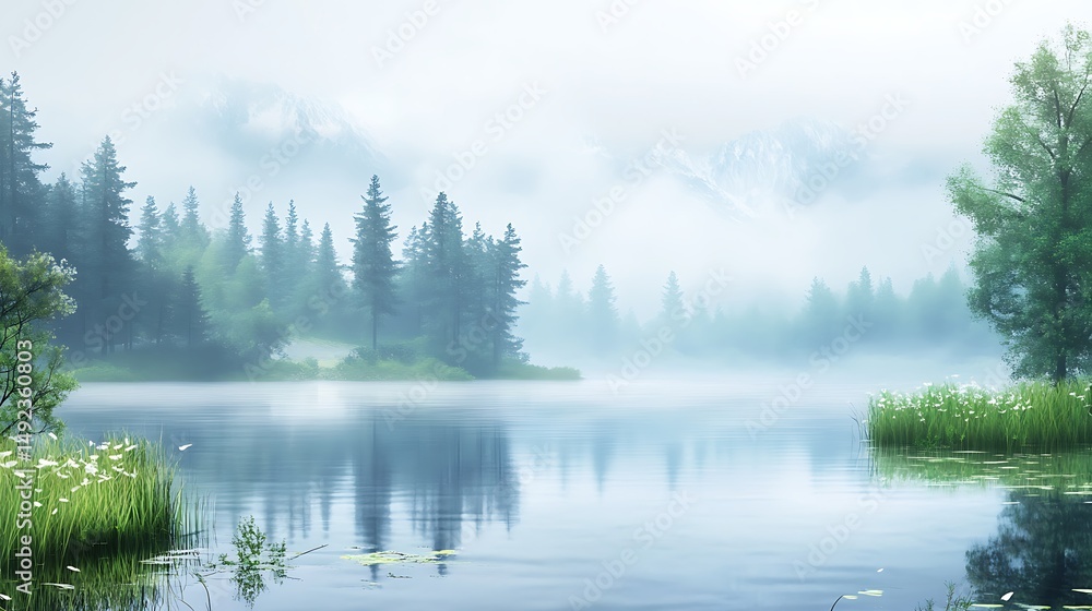Misty lake scene in a forest Misty lake scene in a forest